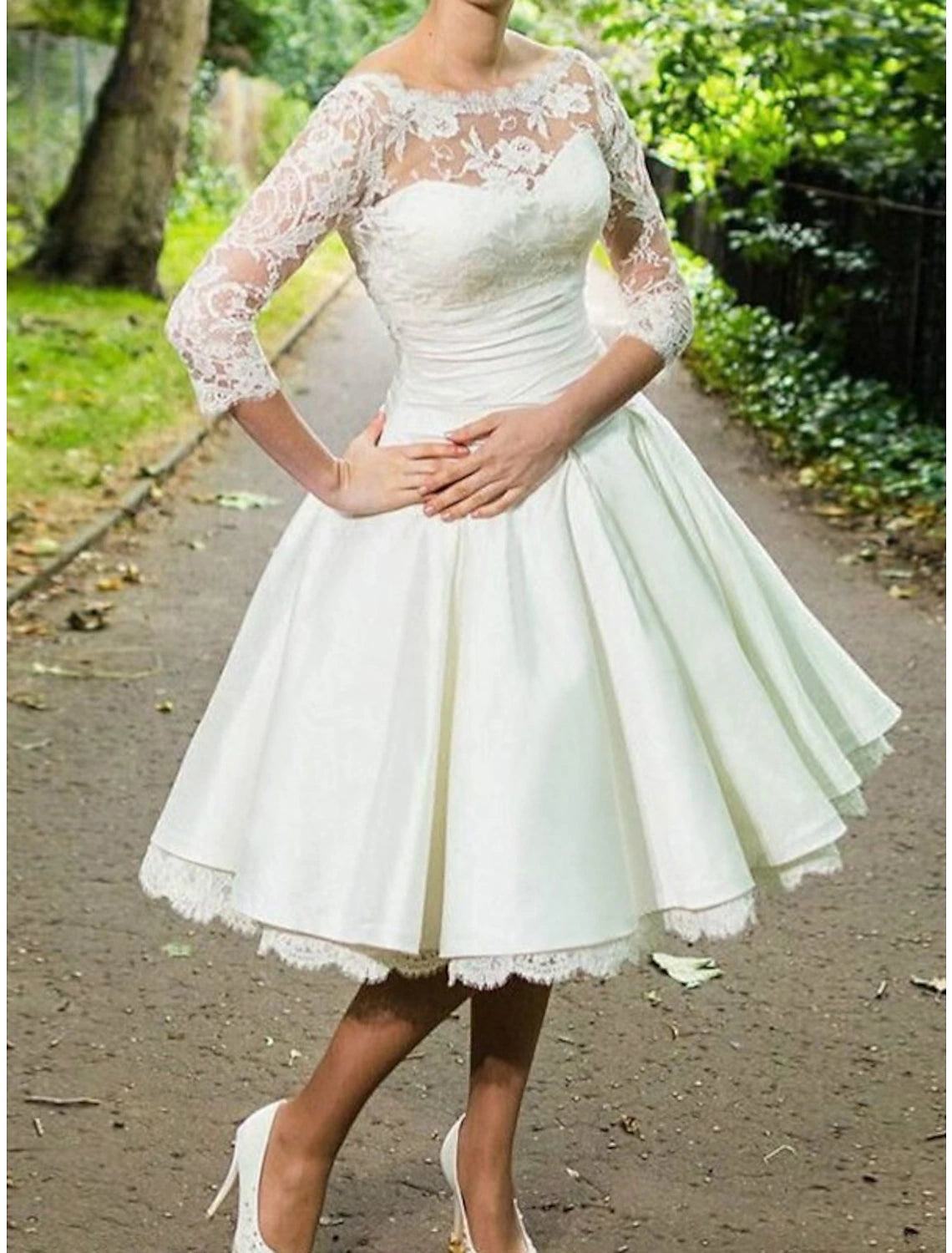 Abiti da cocktail a trapezio, stile anni '50, abiti da sposa, da invitato, lunghezza al ginocchio, maniche a 3/4, scollo gioiello, ricevimento di nozze autunnale, in raso con applicazioni arricciate